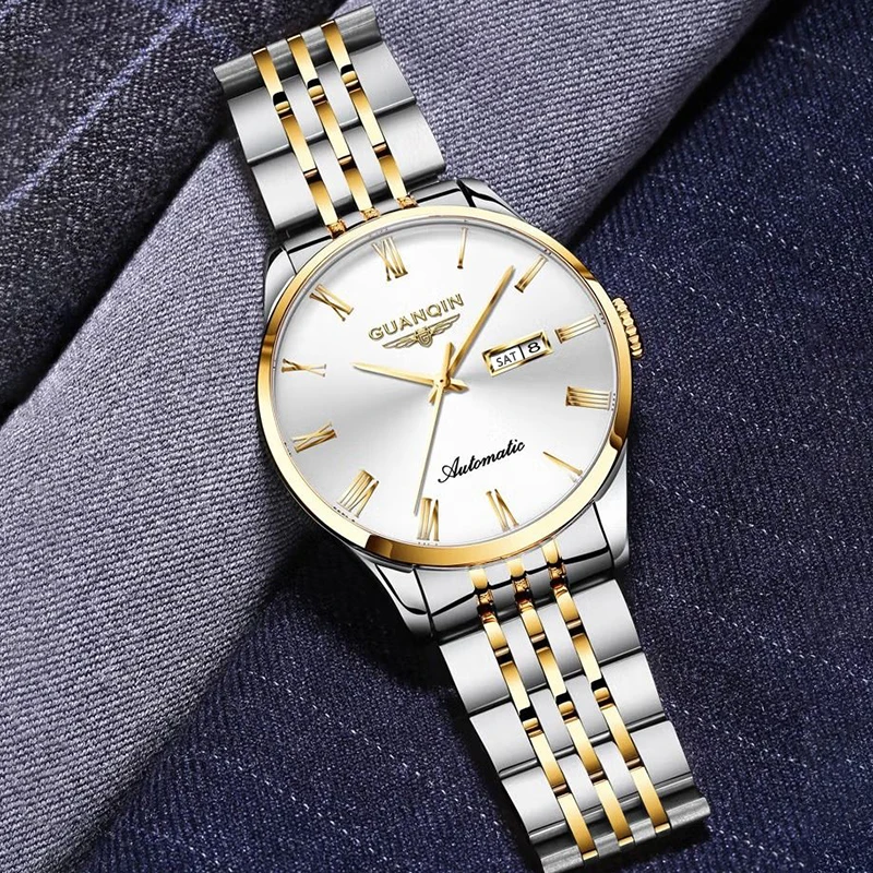 GUANQIN Роскошные мужские часы, оригинальные автоматические механические часы из нержавеющей стали с датой недели, деловые водонепроницаемые часы для отдыха для мужчин
