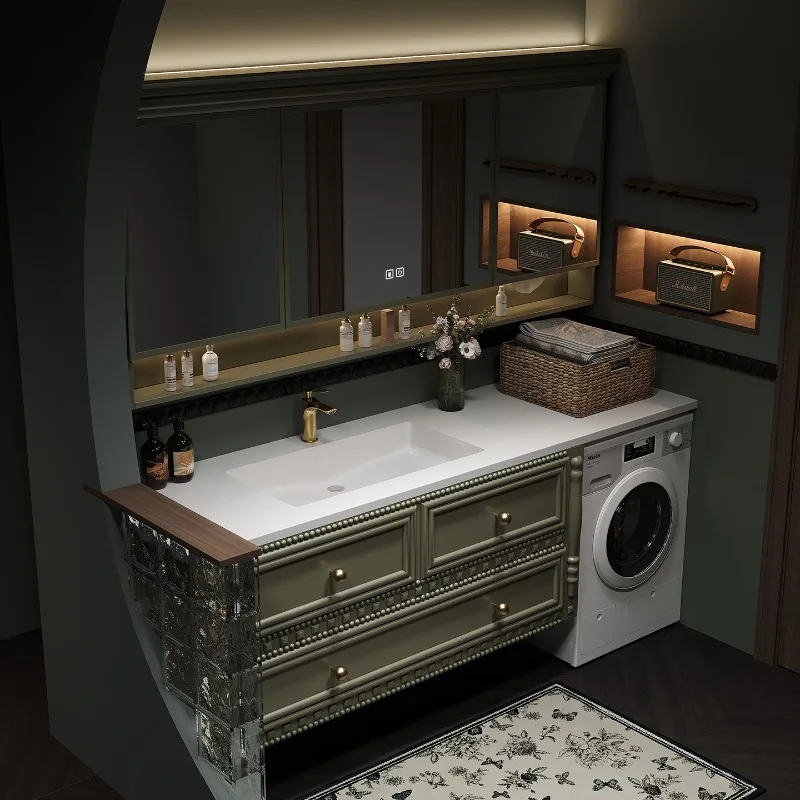 

European Green Bathroom Cabinet Faucet Modern Wood Storage Bathroom Cabinet Mirror Space Saving Meuble Salle De Bain Furniture