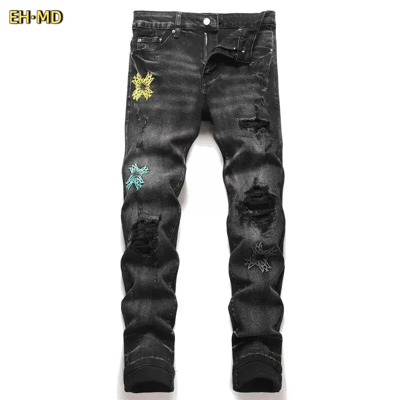 

EH·MD® Jeans Men's Ripped Hole Embroidered Denim Diamond Decorated Rhombus 3D High Elastic Casual Long Pants Street Luxury 2026