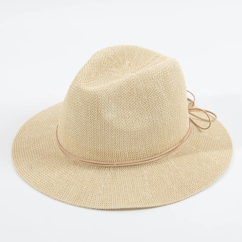 Summer Sunshade Straw Hat Unisex  Stylish Casual Panama Hats Strap Suede Trim Holiday UV Protection Beach Hats Wholesale