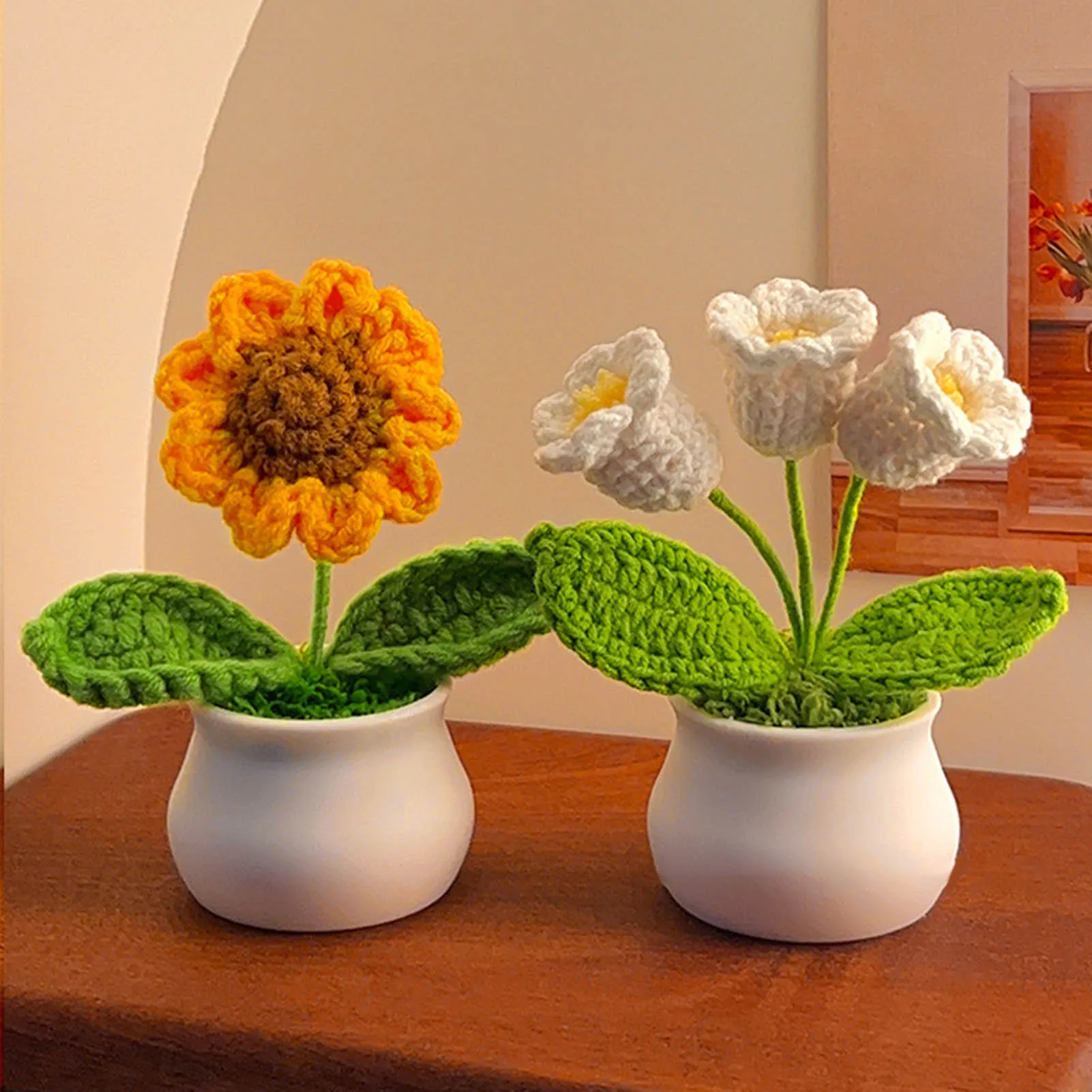 Handgefertigter gehäkelter Sonnenblumenstrauß, Auto-Innendekoration, Stricken, Topfblume, kreatives Handwerk, Geburtstagsgeschenk für Frauen und Kinder – Detail 2