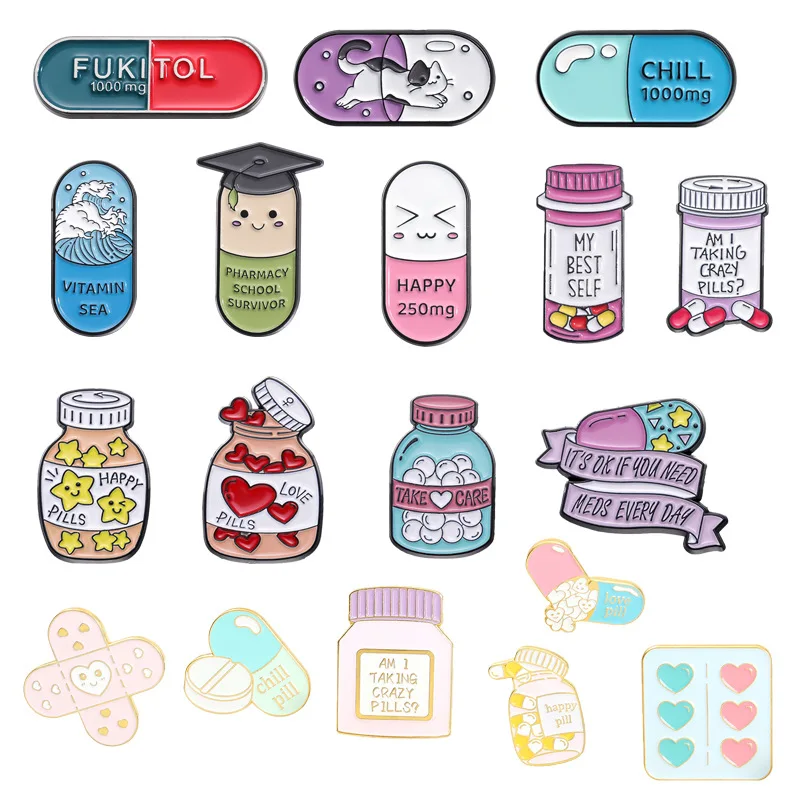 Creative Love Pill Medicine Jar Enamel Pin Funny Happy Take Care Music Band-Aid Brooch Lapel Badges Backpack Jewelry Wholesale