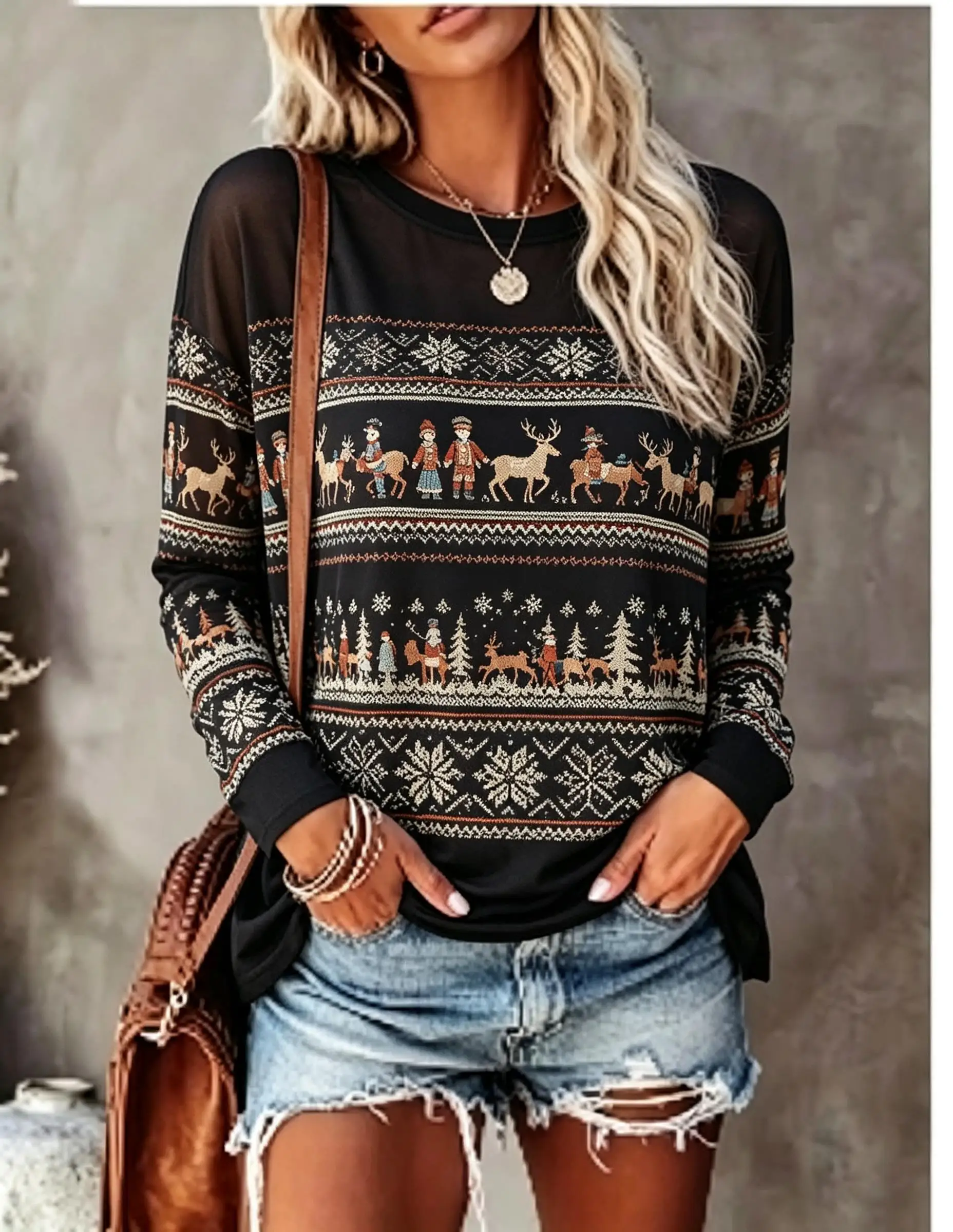 Women Christmas Long Sleeve T‑Shirt Ugly Sweater Style Reindeer Tree Snowflake Print Crew Neck Tops - view 4