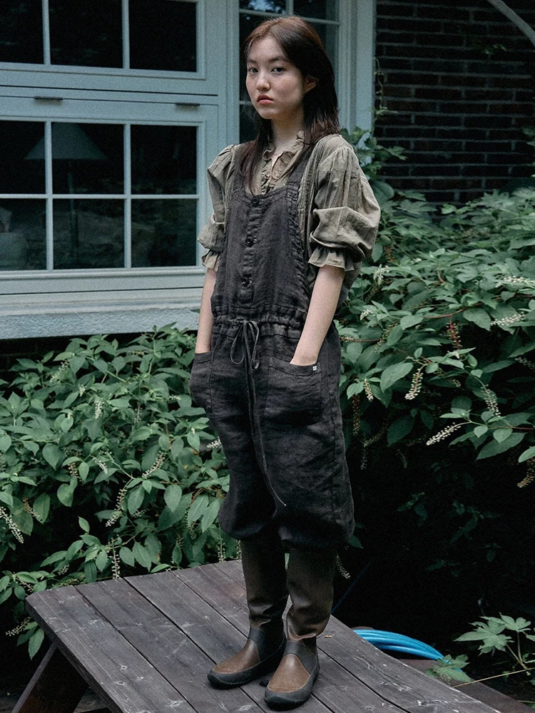 ชุดเอี๊ยมผ้าลินินสีพื้น Viaplain สำหรับผู้หญิง รุ่นใหม่ประจำฤดูใบไม้ร่วง สไตล์วินเทจ ผ้าพลิ้ว ทรงหลวม สายผูกเอว กางเกงขายาวเอวสูงทรงขากว้าง