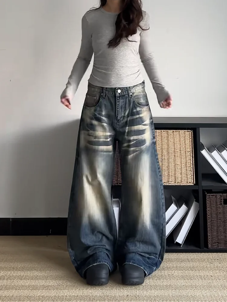 

Washed Vintage Large Size American Style Knife Wide Leg Jeans Women's Autumn Winter Loose Slimming Denim Pants