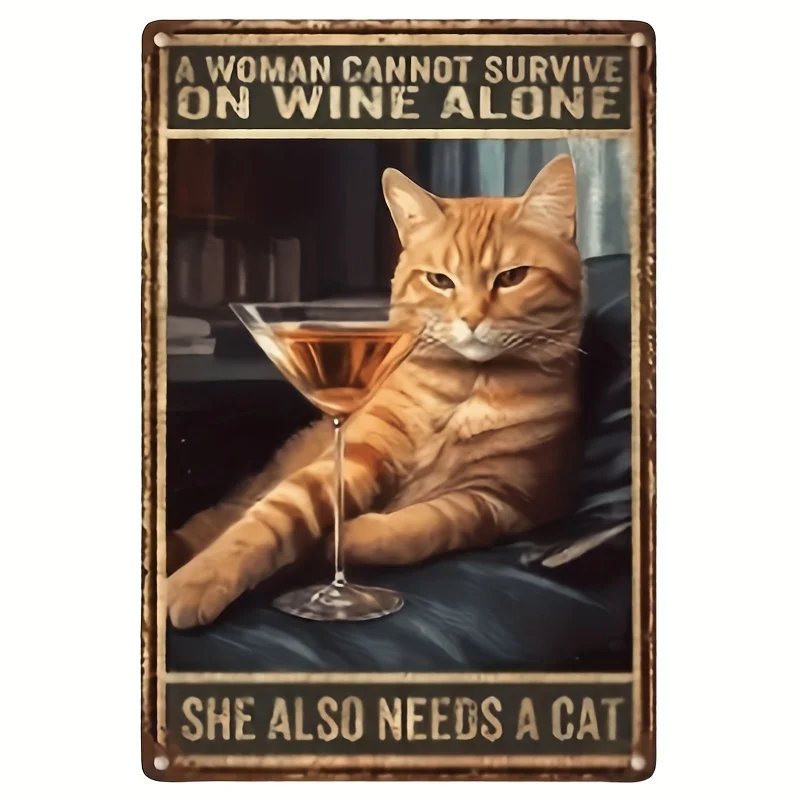 Vintage Whimsical Cat Lady Metal Wall Art Tin Sign - Distressed Finish, English Quote, Iron Construction, Wall Hanging Mount, Mu