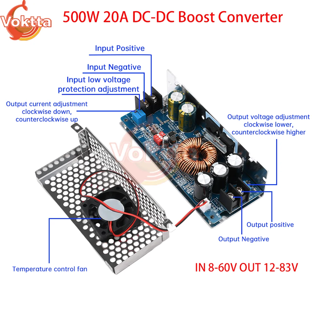 500W 20A DC-DC Boost Converter IN 8-60V OUT 12-83V Step Up Power Supply Module 12V 24V 36V 48V Adjustable Voltage Converter