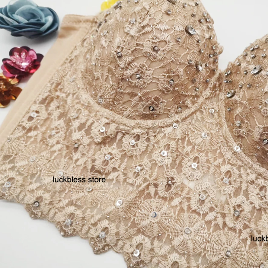 Lace Rhinestones  Corset Top Camis Luxury Bustiers Night Club Sexy Golden Corset Mujer Beads Debardeur Bodycon Women Binder Bra