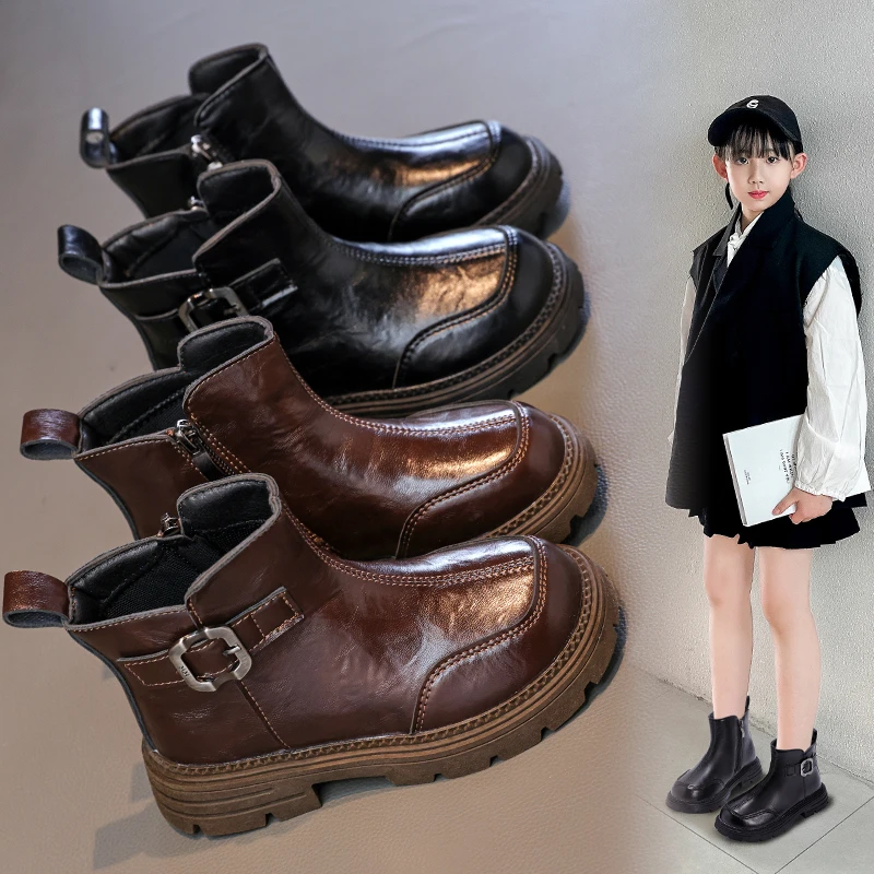 

2025 Autumn/Winter New Warm Girls' Short Boots Fashionable British Style Soft Anti Slip Low Rise Ankle Leather Boot