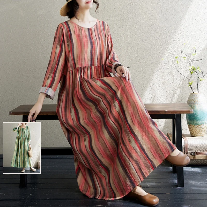 

Early Autumn Large Size Women's Faionable Long Sve round Ne Printed Dr A-Line Long Skirt Wide Hemline Stripe Pattern