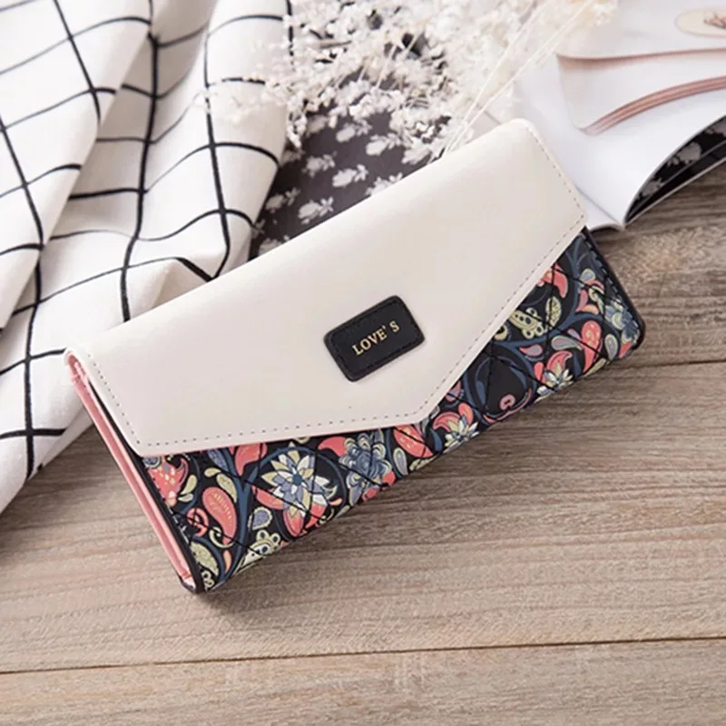 2022 Pastoral Small Floral Rhombus PU Leather Money Purse Fashion Designer Buckle Wallets for Women Tri-fold Long Floral Clutch