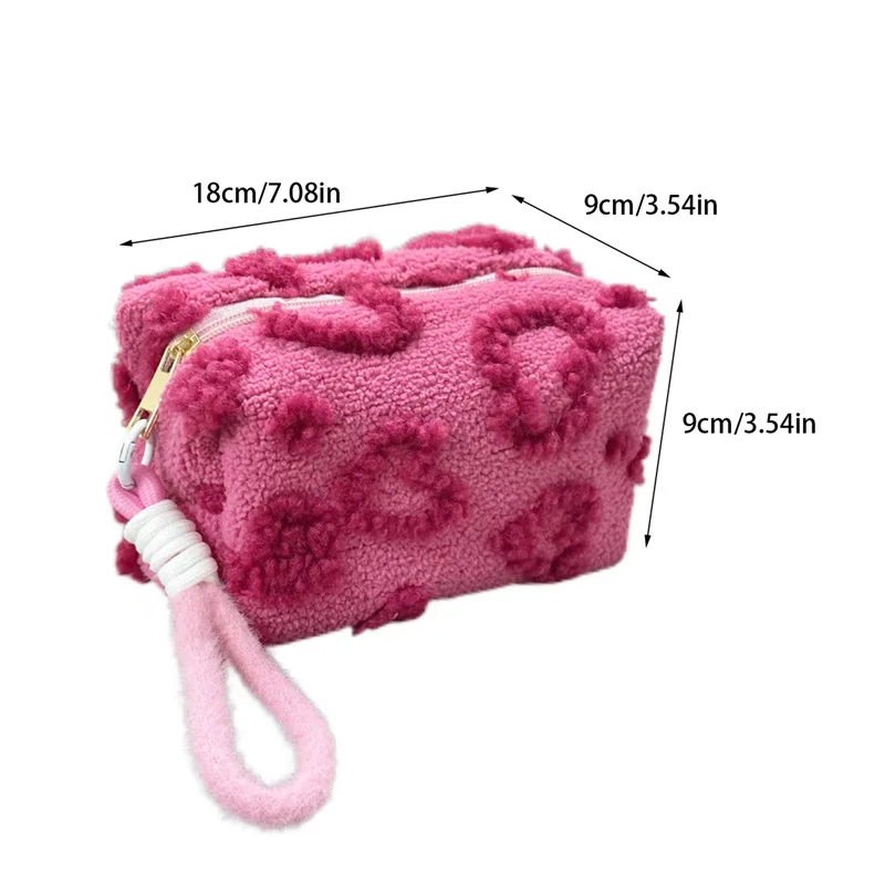 New Pink Red Color Heart Cosmetic Bags with Lanyard Girl Large Capacity Travel Organizer Cute Plush Makeup Bags for Women