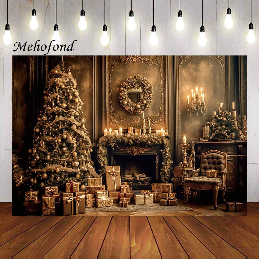 

Mehofond Photography Background Vintage Christmas Fireplace Interior Xmas Tree Kids Family Portrait Decor Backdrop Photo Studio