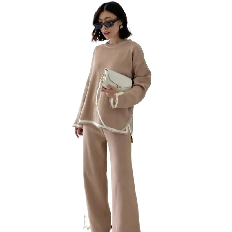 

New Style Fashion Elegant Slit Long-sleeved Knitted Sweater High-waisted Wide-leg Long Pants Two-piece Set for Women 2026 Autumn