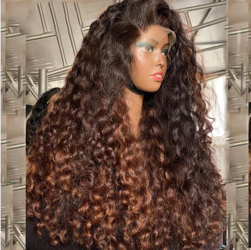 Soft 26Inch Long Brown 180Density Ombre Blonde Kinky Curly Lace Front Wig For Black Women Baby Hair Synthetic Daily Preplucked