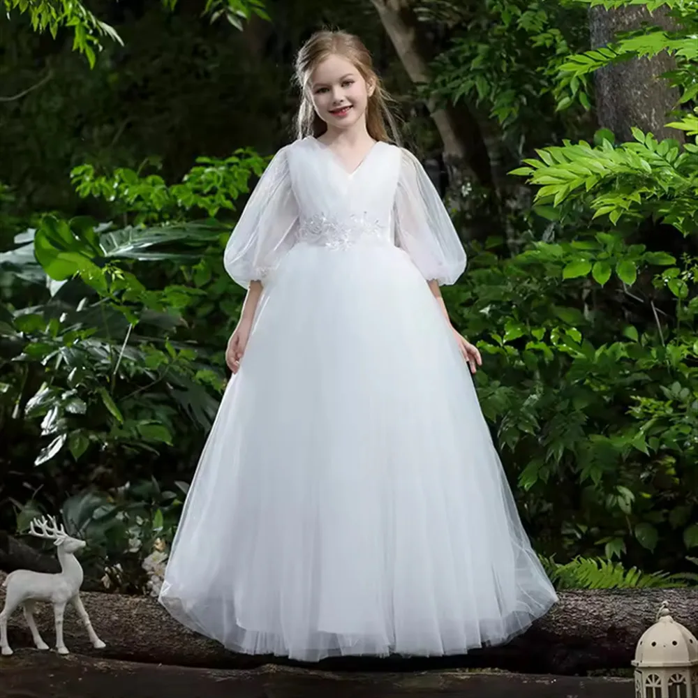 

Puffy White Flower Girl Wedding Dress Elegant Girl Princess Birthday Evening Party Dress Children Baptism First Communion Gown