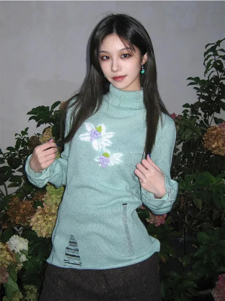 Women Floral Knitted Sweaters American Vintage Hole Jacquard Turtleneck Pullovers Fall Winter Hottie Slim Fit Elegant Solid Tops