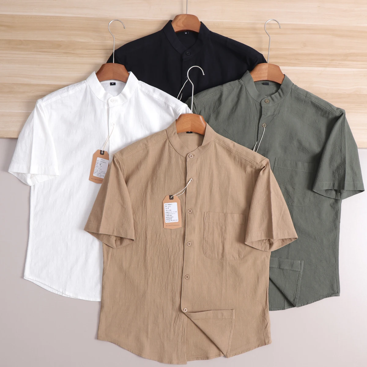 

Retro Henry Collar Short Sleeve Men's Shirt Pure Color Casual Washed All Cotton Breathable Summer Daily Commuting Workwear