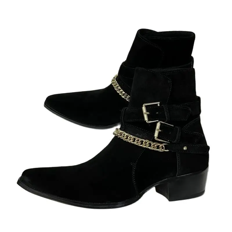 Suede Leather Pionted Toe  Man Gentle Quality Buckle Strap Charm wedding  Dress Boots