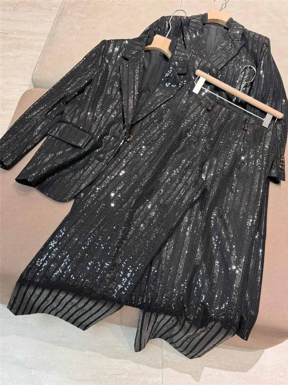 Heavy Sequins Women Wool 3-Piece Set Double Breasted Mid-Length Coat or Long Sleeve Jacket or High Waist Straight Wide Leg Pants