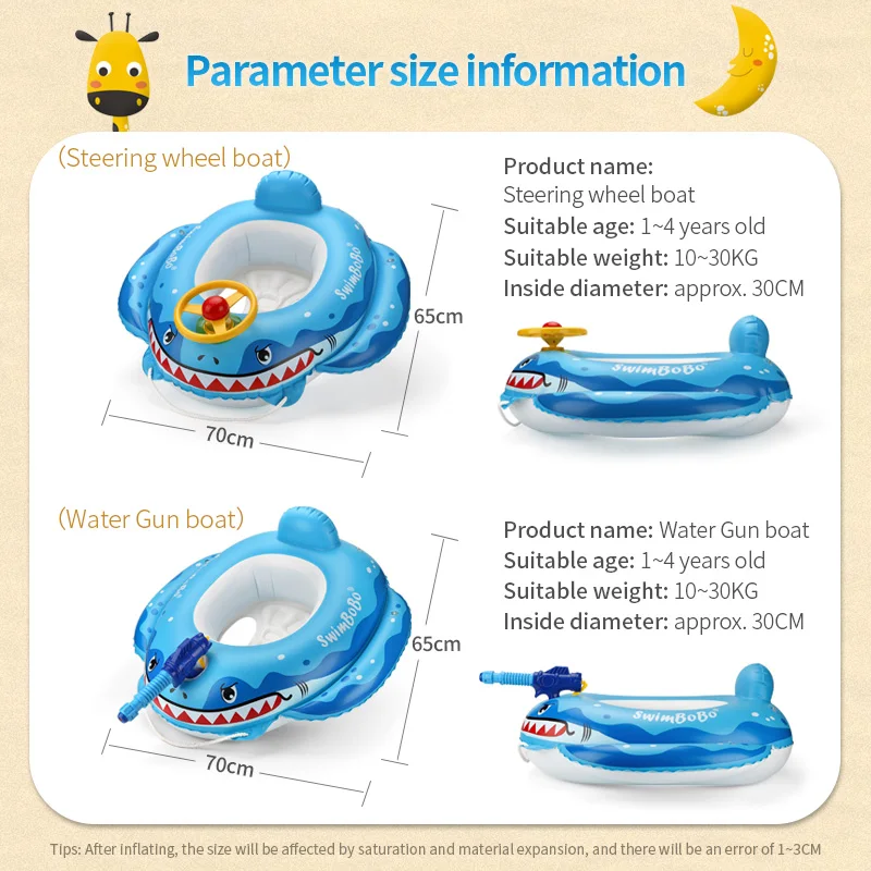 Flotador de piscina para bebé con accesorios de pistola de agua, anillo de natación de tiburón, juguetes inflables divertidos, asiento de natación, barco para 3-6 años