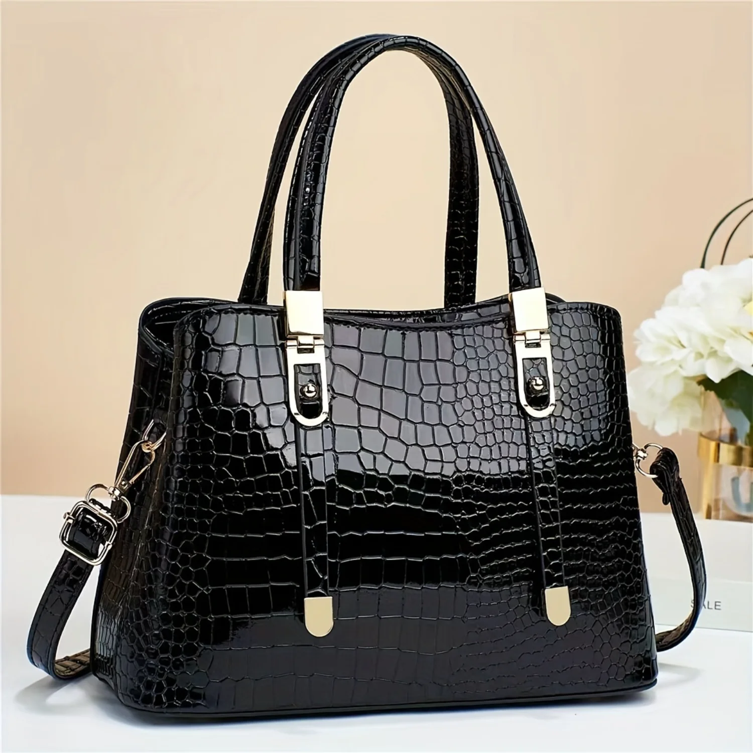 Glossy Crocodile Pattern Handbag - Elegant Top Handle Tote Bag & Crossbody Purse For Women
