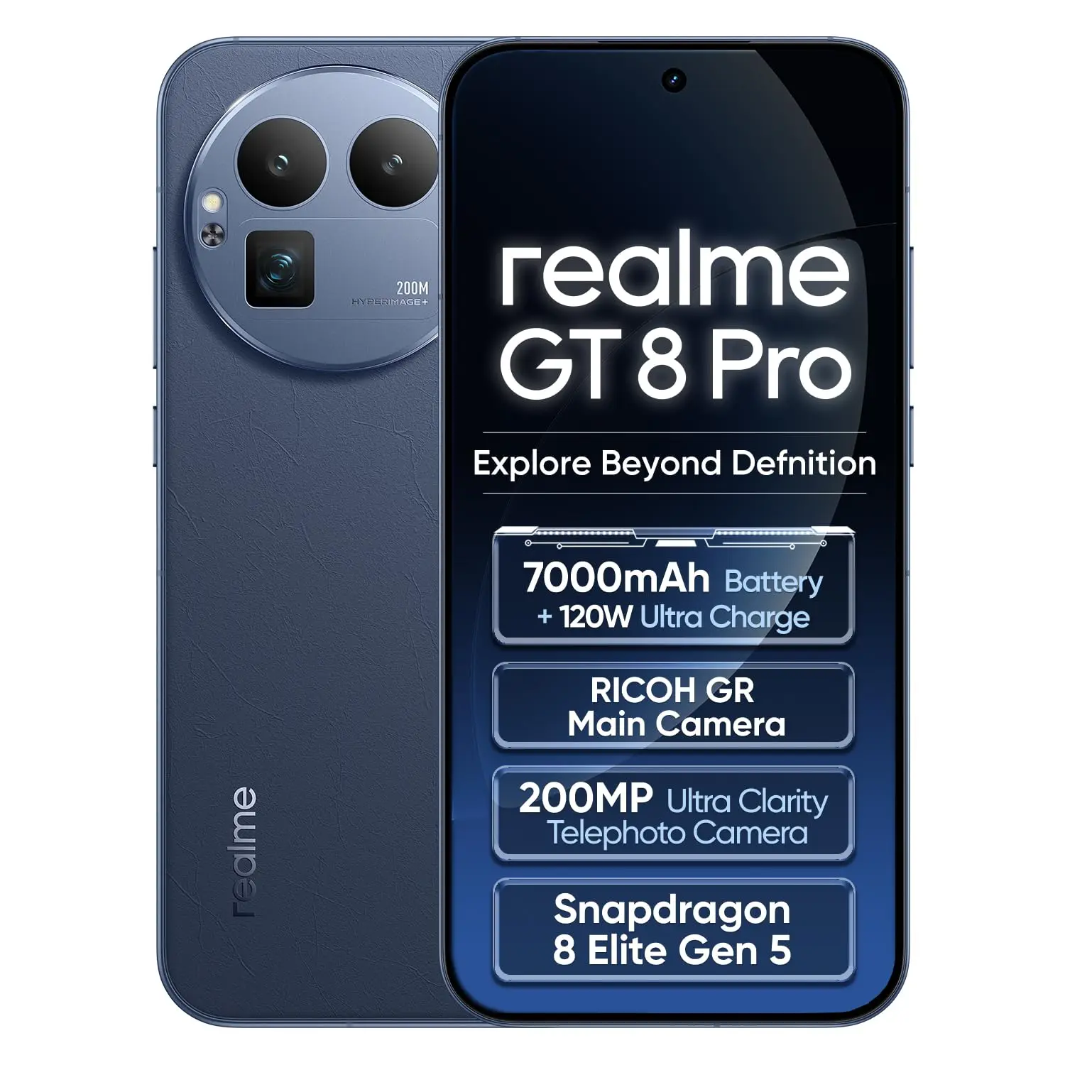 Smartphone realme GT 8 Pro, Snapdragon 8850, appareil photo 200MP, appareil photo 50MP IMX906 OIS, écran 6,78 pouces 2K 144Hz, batterie 7000mAh, charge sans fil 120W, IP69, bleu, adaptateur inclus