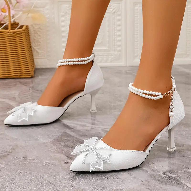 Luxury Pearl Chain Ankle Strap High Heel Pumps Women Summer 2026 Lace Bowknot Designer Stilettos Pumps Woman White Wedding Shoes