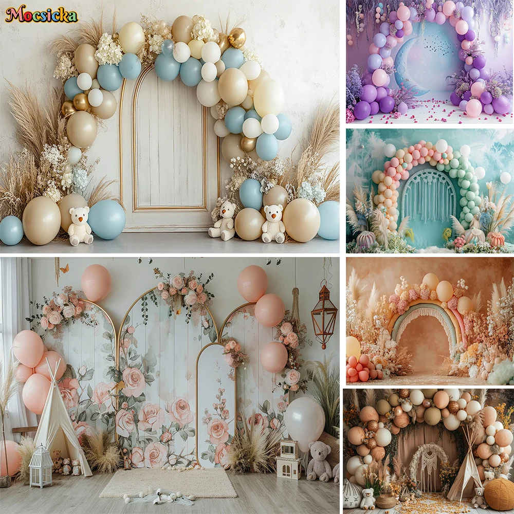 

Mocsicka Kids 1st Birthday Party Background Photography Boho Arch Balloon Wall Backdrop Boy Girl Cake Smash Photo Studio Booth