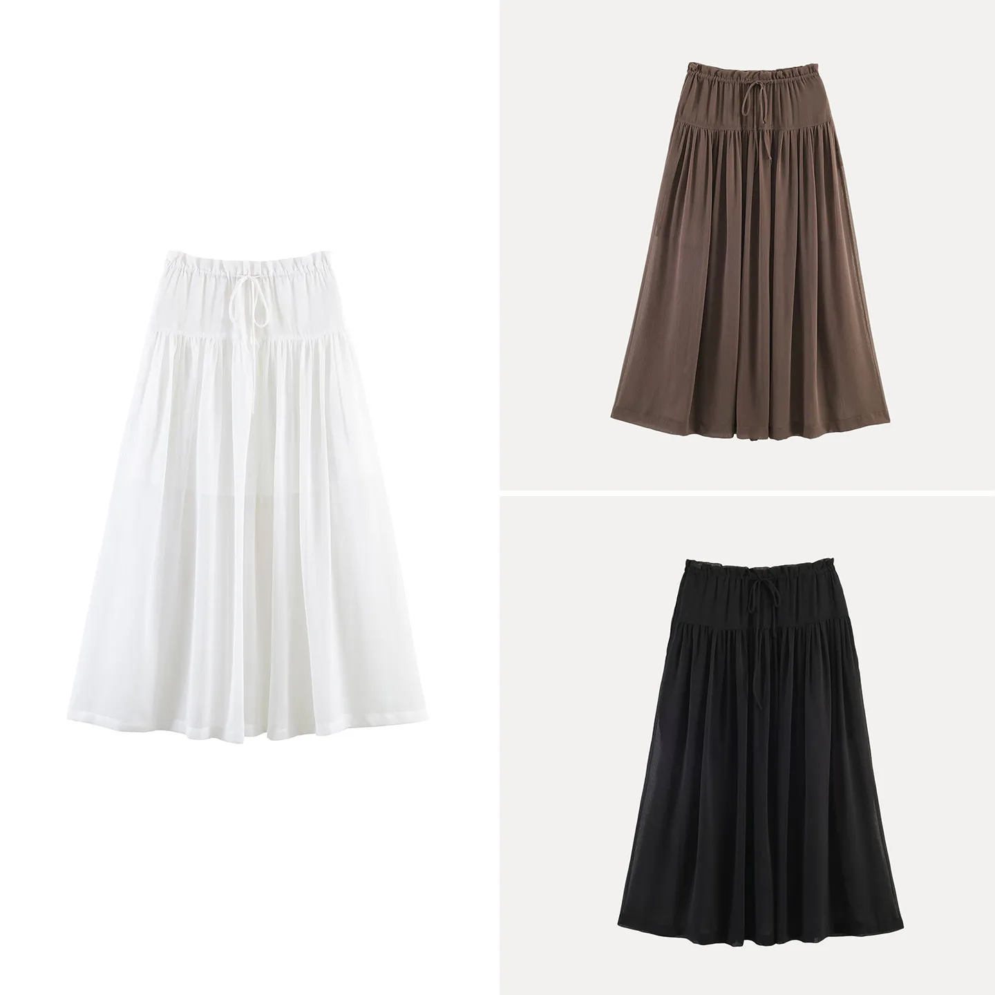 

Fashionable Summer Women's Long Midi Skirt with Drawstring Wooden Flounce Casual High Waist Chiffon Skirt for Daily Use