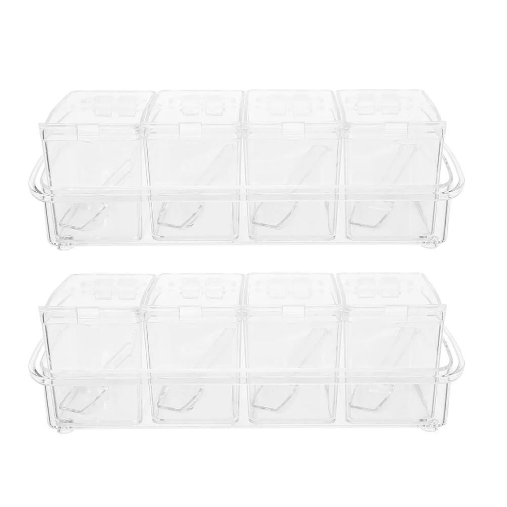 

2Sets 4-Compartment Clear Spice Box Set Spoons Included Airtight Lids Freshness Preservation Condiment Jars Clear Spice Box