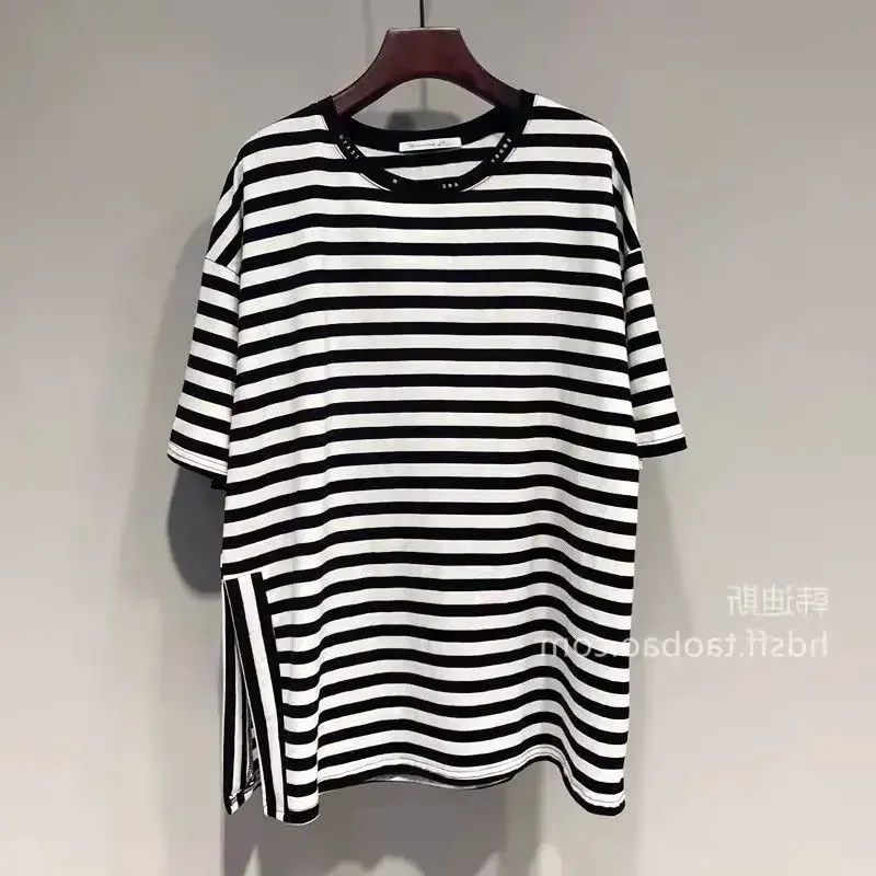 Oversized Women Clothing Summer All-match Irregular T-shirts Female Loose Casual Striped O-neck Short Sleeve Top Tee All-match