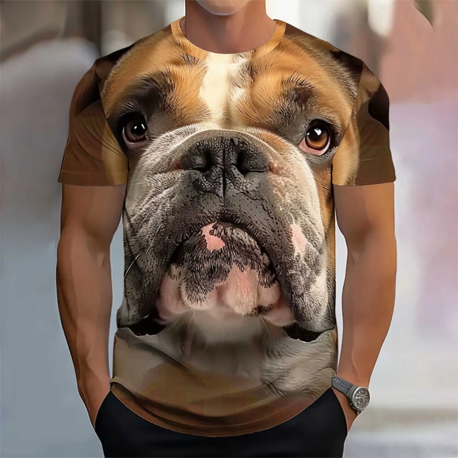 

3D Animal Printed Men's T-Shirt Cute Puppy Face Pattern Short Sleeve Tees Loose Round Neck Creative Design Funny Male Clothing