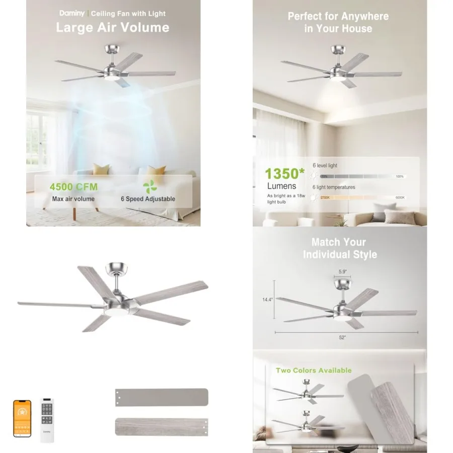 

ch Ceilg Fans with Lights, 5 Blades, 6CCT, Low Profile, Remote Control, for Bedroom, Kitchen, Living Room, Indoor/Outdoor Use,
