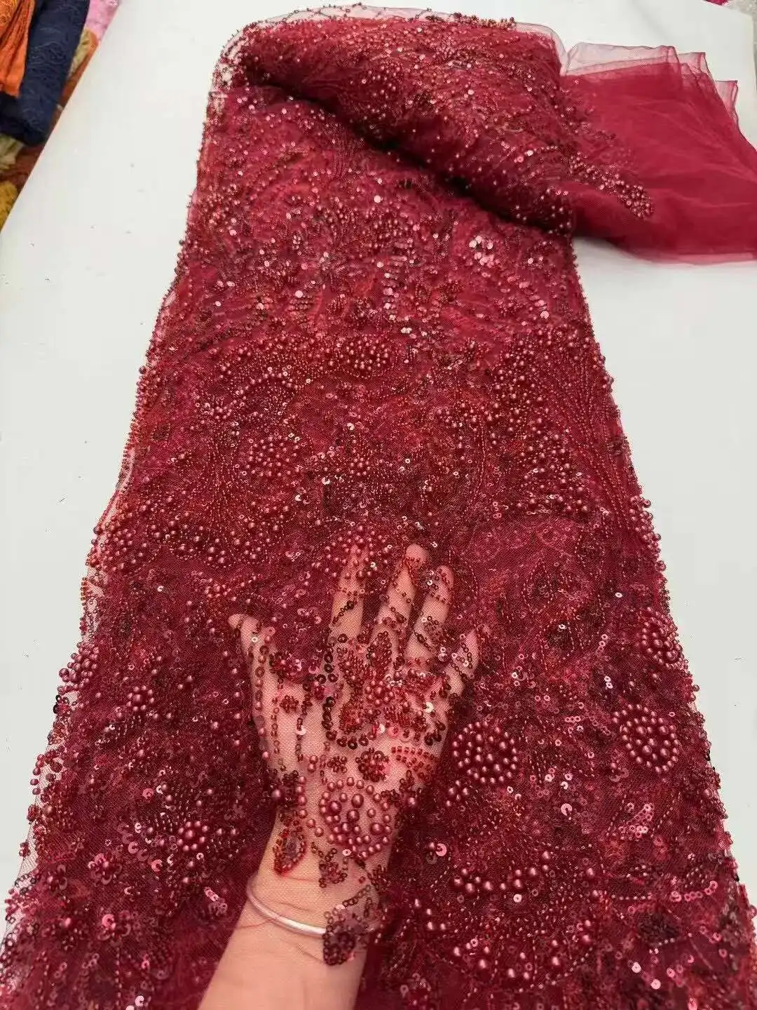 

New African Lace Fabric 2025 High Quality Nigerian Lace Beads Sequins French Net Fabric 5 Yards For Sewing Party Wedding Dresses