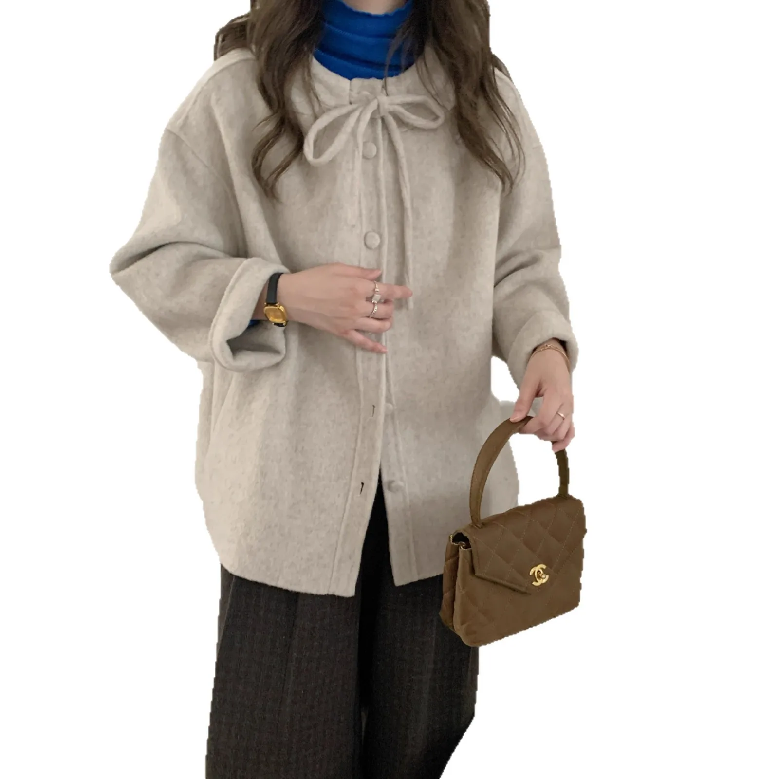 양면 카메라 티 울 코트 여성용 루즈핏 매듭 모자 디자인 겨울 패션 아우터웨어