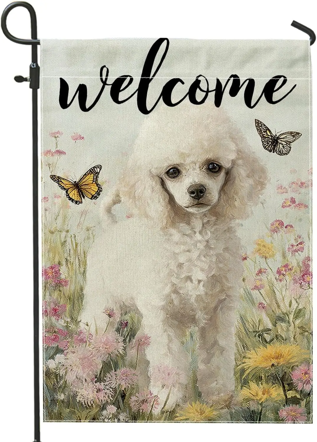 Poodle Garden Flag, Spring Fanciful Butterfly Flowers Spring Pastel Double Sided Burlap Decorative Outside Flags for Outdoor ZZM
