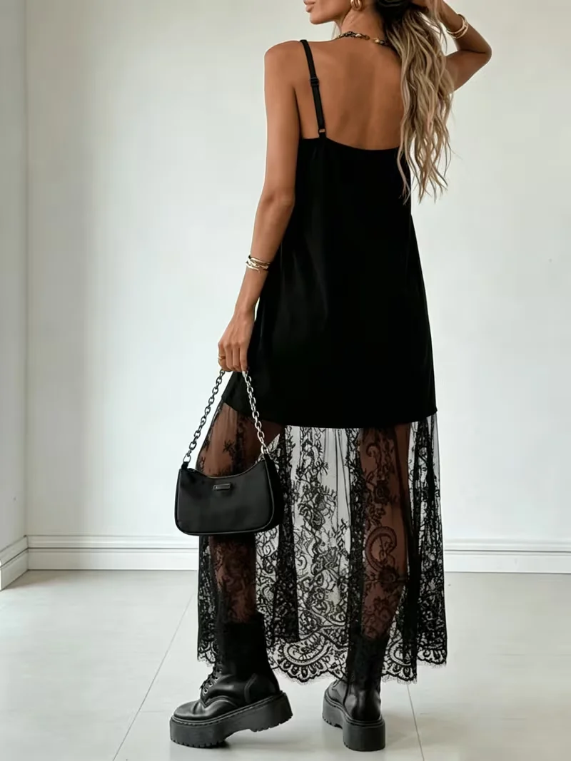 

Elegant long dress for women, sleeveless spaghetti strap dress with lace trim (no belt), suitable for parties, formal wear, date