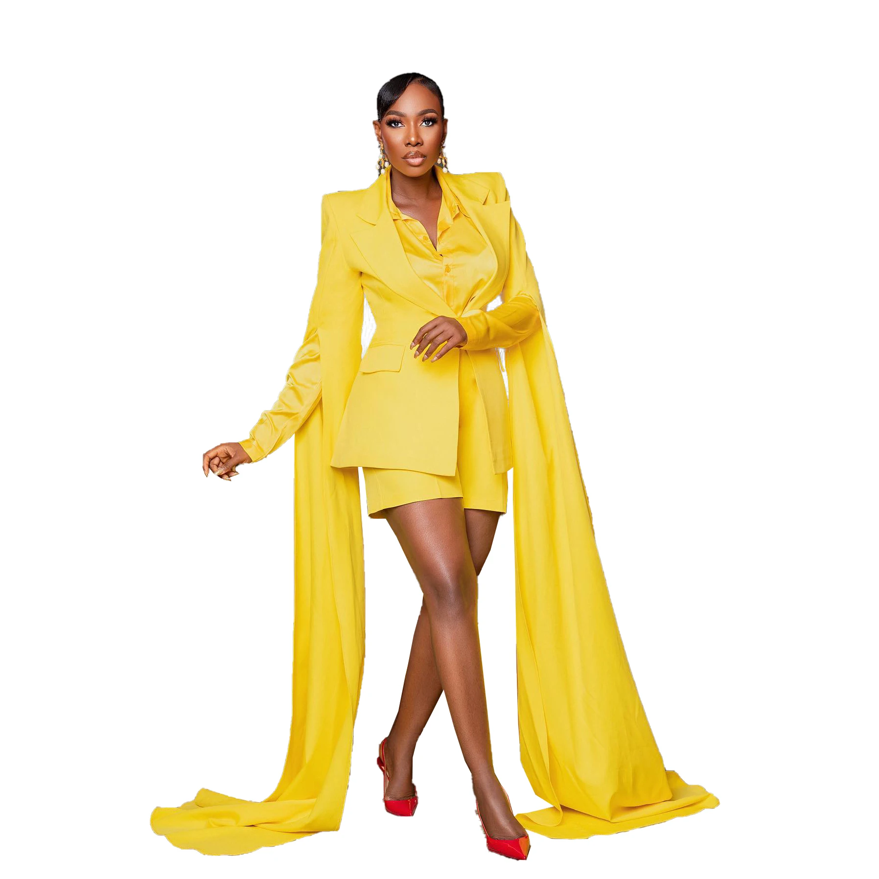 Fashion Yellow 2 Pieces Women Suits Dresses  Designed One Button Blazer Custom Made Above Knee Shorts Elegant Power Gown