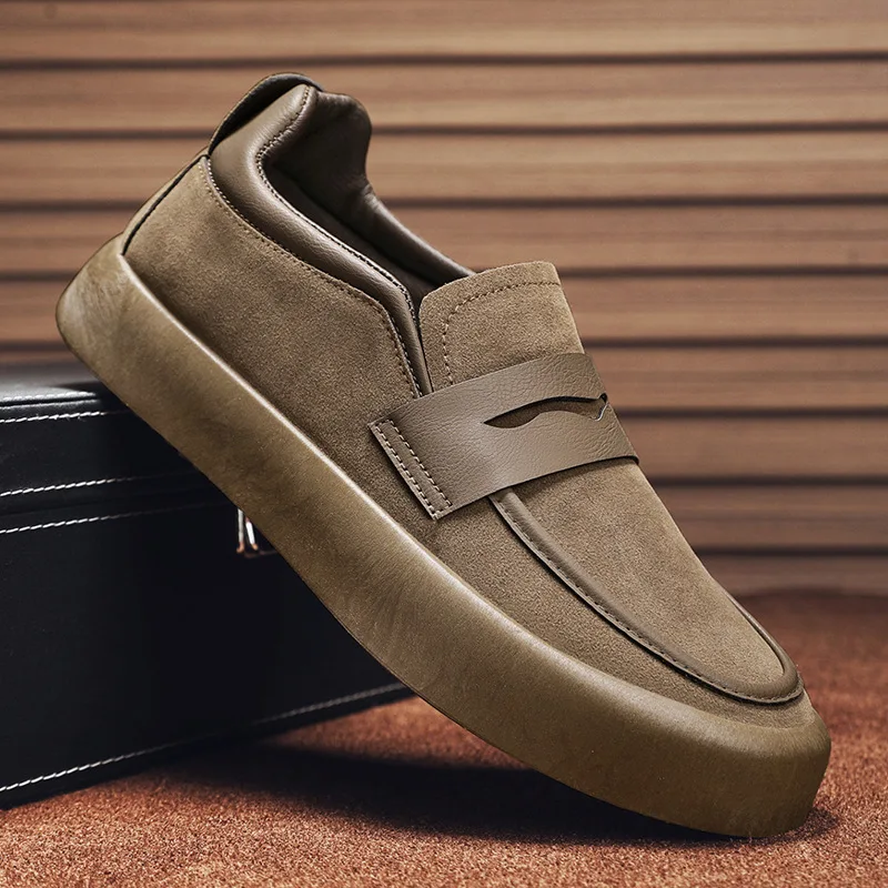 

Loafers Men Shoes Leather Walking Shoes Business Non-slip Soft Bottom Work Loafers Round Flat Bottom Footwear Outdoor Sneaker