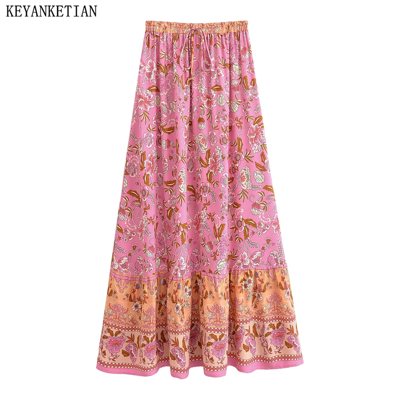 KEYANKETIAN Women's Lace Up Elastic Waist SlimA Line Long Skirt 2026 New Bohemian style Flower Print Fresh MIDI Skirt