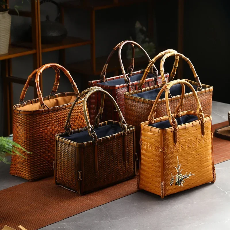 

Japanese Style Handmade Bamboo Woven Tote Bag High-Quality Retro Handbag Women's Beach Travel Bag Elegant Vintage Straw Bag