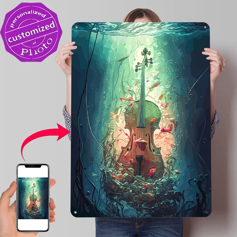 Cello Music Underwater 3D Texture Metal Poster Customized Wall Art Tin Sign Gift for Mancave Gaming Decoration Room House Home