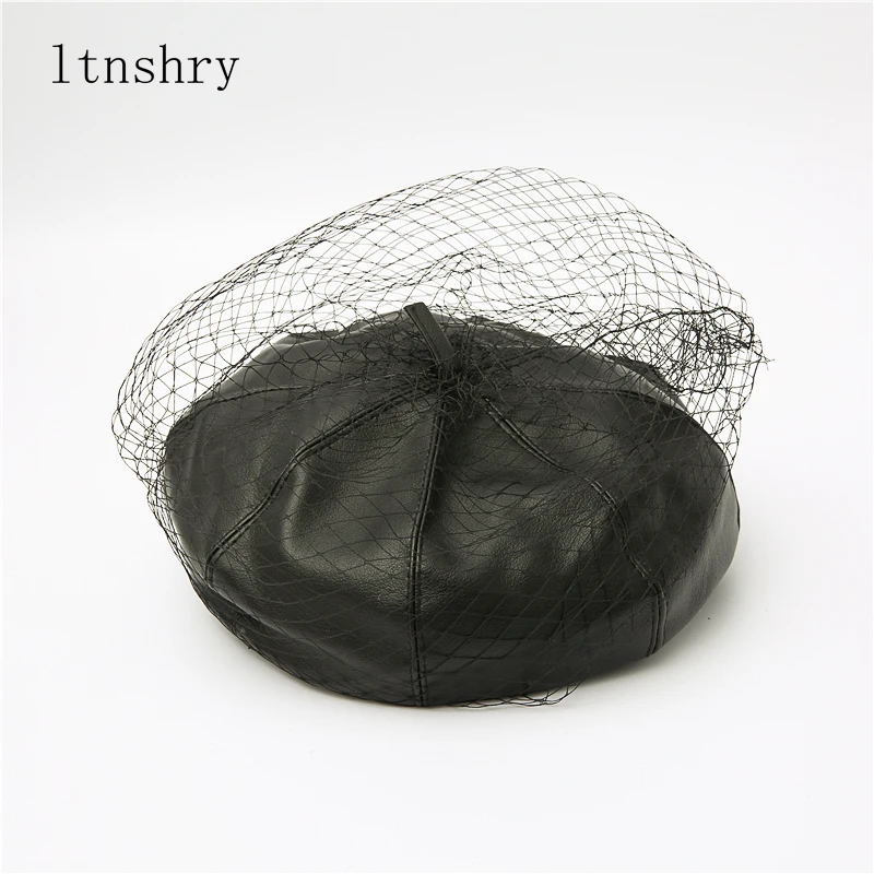 2022 New spring summer Black Hat Chic Leather French Beret With Veil Mesh Show Double Layer Women Beret Beanies Cap