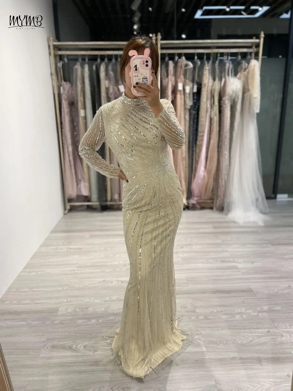

MYMB Long Sleeves Beading Champagne Evening Dress for Special Events Dubai Luxury Mermaid Muslim Women Wedding Party Gown gala