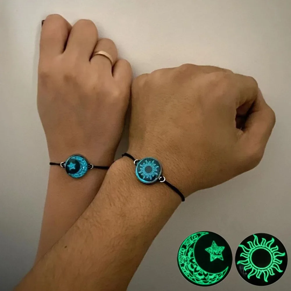 مضيئة الشمس القمر زوجين أساور يتوهج في الظلام مطابقة الحب سوار رومانسية Gif للأصدقاء قابل للتعديل بو حبل سوار