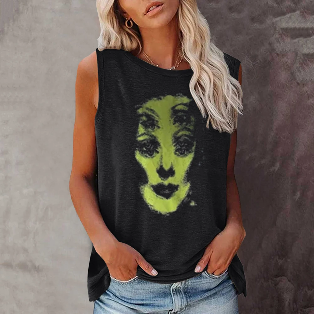 

Seeyoushy Funny Abstract Face Print Women T Shirts Round Neck Sleeveless Tee Shirt 90s Girls Summer Loose Tees Tops Camisetas