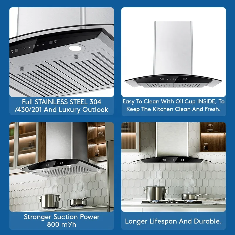 Push Buttons Hot Selling Restaurant Kitchen Hood Stainless Steel Range Hood Kitchen Exhaust Range Hood