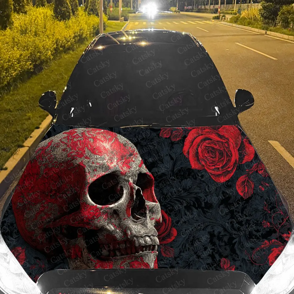 

Car Decal Red-Black Skull with Rose Textural Artistic Fusion Design, Creating a Mysterious and Classic-Gothic Visual Car Hood St