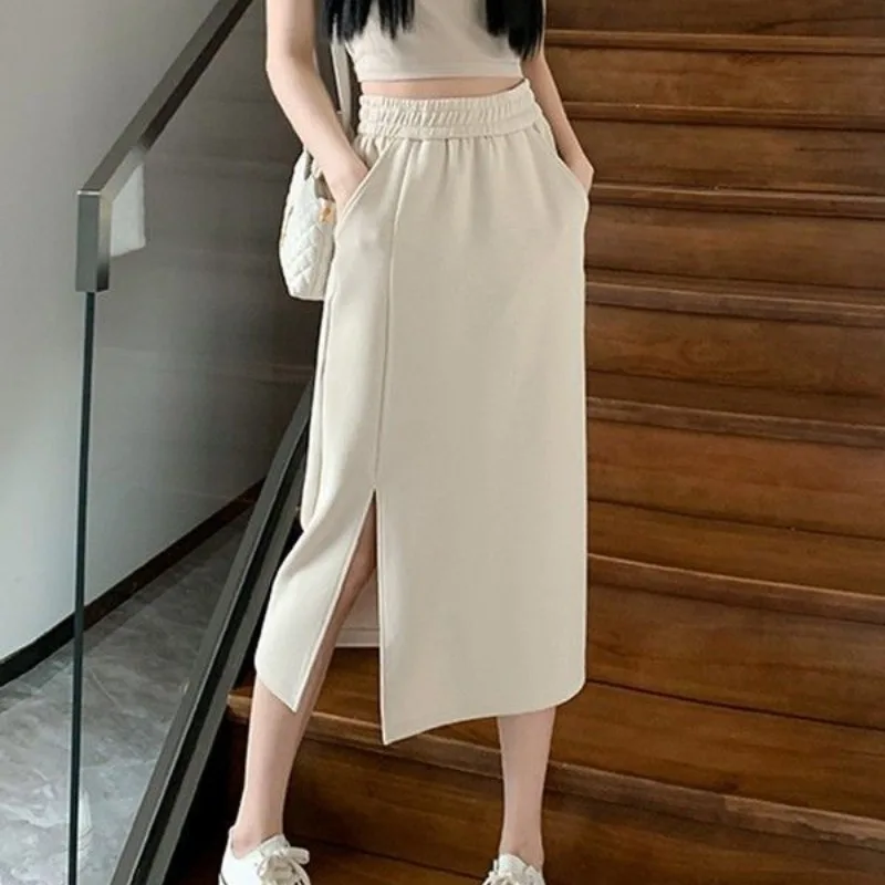 Spring Summer Women's Clothing Elastic High Waisted Solid Color Vacation Elegant Straight Short Knee Preppy Style Vintage Skirts